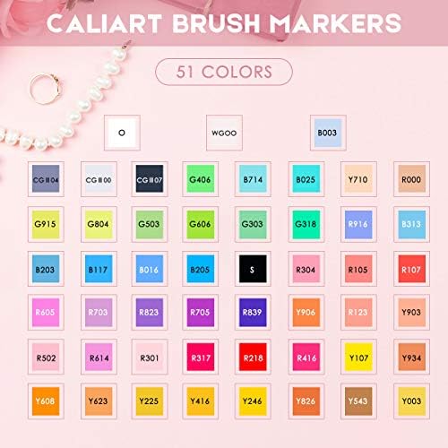 Caliart 51 Colors Brush Tip Alcohol Markers Brush & Fine Coloring Markers | Permanent Markers for Adult Coloring Books No Bleeding, Beginners Artists Sketch Pens Illustration Drawing Art Supplies Gifts