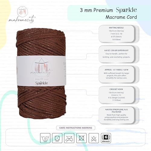 Makromecity Sparkle Polypropylene Macrame Cord 3mm x 131 Yards (394 feet) Premium Polyester Macrame Cord for Macrame Art & Crafts for Wall Hangings, Bags, Underplate, Rug