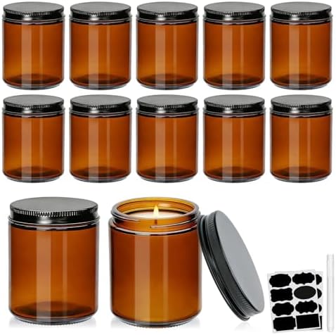 8oz Amber Candle Jars Set of 12,Round Thick Glass Jar with Black Lids