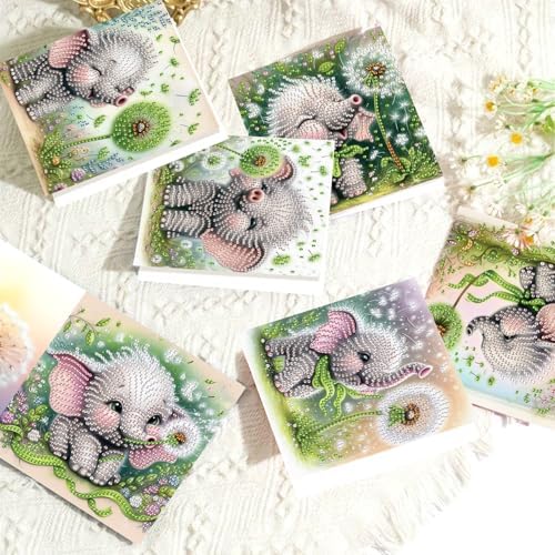 AiYuanzsh 6 Pack Diamond Art Greeting Card Kits with Envelopes, Special Shaped Diamond Painting Cards, DIY Rhinestone Diamond Art Cards for Birthday Christmas Holiday (Elephant and Dandelion)