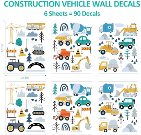 AOWDIAO Construction Vehicle Wall Decals – 90Pcs Reusable Peel and Stick Vinyl Stickers for Kids’ Room, Nursery & Playroom – Removable Truck Decoration for Boys & Toddlers