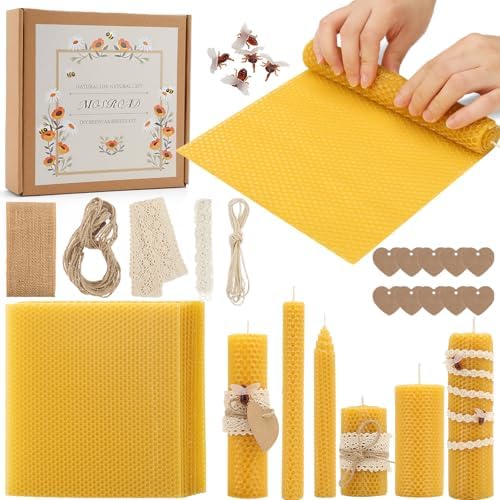 Beeswax Sheets for Candle Making, 30Pcs DIY Beeswax Candles Rolling Kit for Kids & Adults, Natural Honeycomb Sheets (8 x 8 Inch) with Cotton Wick, Bee Ornaments, Lace Ribbon and Hemp Rope