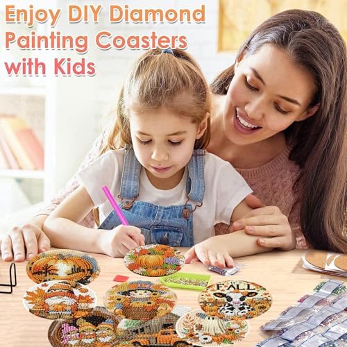 ijbnhd 8 Pcs Diamond Art Coasters Kits Autumn (Cork Wooden Pad)