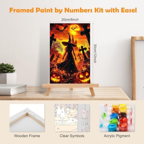 MOGTAA Halloween Paint by Numbers Kit for Adults Beginners with Frame, Witch Adult Paint by Number Kits on Canvas with Easel, Easy DIY Pumpkin Oil Painting Kits for Home Decor, 8x12in