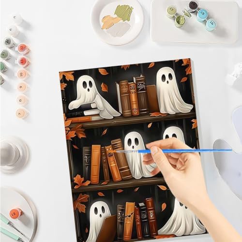 SENQAO Bookshelf Ghost Paint by Numbers Kit for Adults Beginner, Halloween Adult Paint by Number Kits on Canvas, DIY Acrylic Oil Easy Painting by Numbers for Home Wall Decor 8X12 inch (Book Ghost)