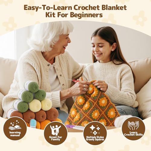WILSHIN Blanket Crochet Kit for Beginners - Granny Squares Crochet Kit with Soft Yarns, Step-by-Step Tutorials & Detailed Instructions, Easy Craft Gift for Adults (Yellow Sunflower)