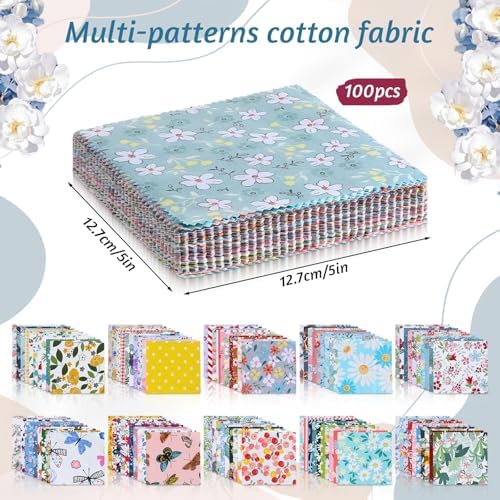 100 Pcs 5"x 5" Charm Packs for Quilting, Precut Multi-Color Printed Floral Fabric Squares Bundles Quilting Supplies, Spring Floral Color Scheme Printed Patchwork Supplies for Holiday DIY Sewing Craft
