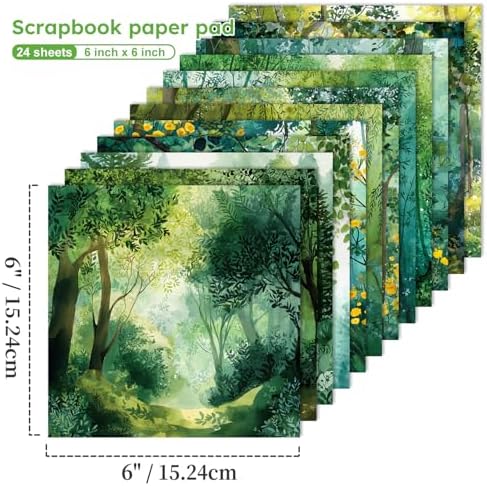 Green Forest Scrapbooking Paper Pad - 24 Sheets 6'' x 6'' Aesthetic Scenery Patterned Decorative Collage Decoupage for Wrapping Folded Supplies Gift Cardstock DIY Crafts Photo Album