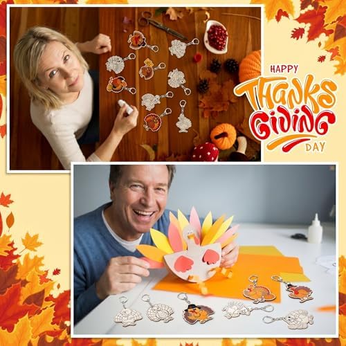 Trnayi 36 Pcs Thanksgiving Turkey Wood Keychain DIY Craft | Thanksgiving Turkey Wooden Keychain, Color Your Own Unfinished Craft, Blank Wood Painting DIY Craft, for Autumn Art Project