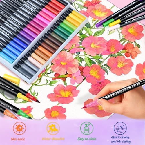 24 Colors Dual Markers Brush Pens, Art Markers Colored Pens for Adult Coloring Books, Brush and Fine Point Dual Tip Artist Colored Marker Set for Drawing Adult Coloring Hand Lettering
