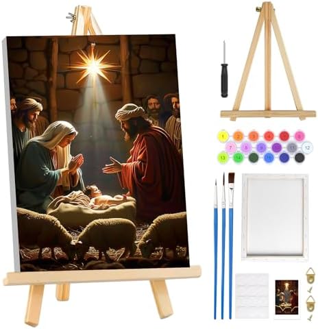 MOGTAA Christmas Paint by Numbers Kit for Adults Beginners with Frame, Jesus Nativity Adult Paint by Number Kits on Canvas with Easel, Easy DIY Oil Painting Kits for Home Decor, 8x12in