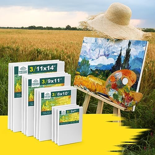 Inburit 12 PCS Multi Size Stretched Blank Canvas for Acrylic & Oil Painting | 12 Pack Canvas Boards for Painting, Art Supplies Paint Canvas, 5x7, 8x10, 9x12, and 11x14 inches (3 of each)