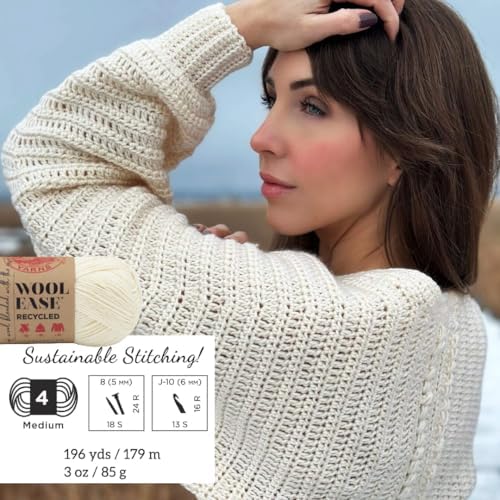 Lion Brand Yarn, Wool-Ease Recycled Crochet Yarn, Cream, Off White, 3 Pack