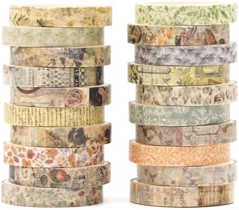 20 Rolls Skinny Vintage Washi Tape Set Retro Arts Adhesive Tapes Basic Patterns Decorative Masking Tape Sets for Craft, Kids, Scrapbook, DIY, Gift Wrapping (Forest Isles)