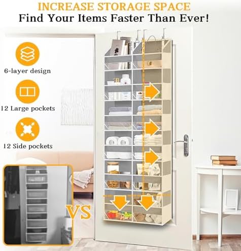 Over The Door Organizer 6 Tiers, Extra Large Behind Door Storage of 12 Compartments, 80 lbs Weight Capacity Hanging Storage Organizer with Clear Window Kids Toys,Shoes,Diapers,Room Storage,Light Grey