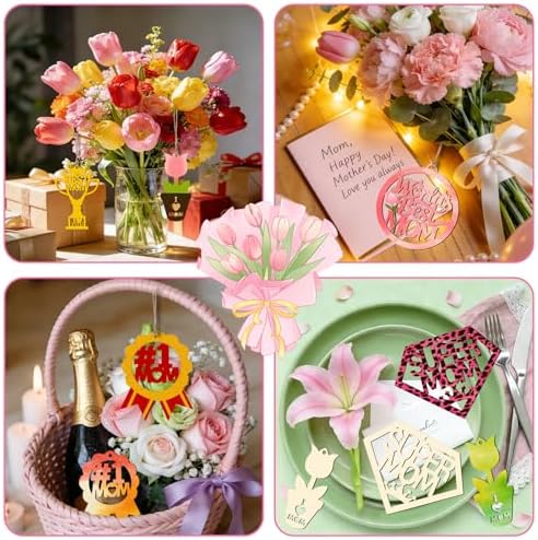 Mom Gift 40Pcs 5 Style Unfinished Wooden Mother's Day Ornaments DIY Craft Mother Birthday Present Paintable Blank Natural Mum Cutouts Hanging Wood Slices for Kids Art Crafts DIY Gift for Mom