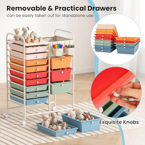 GOFLAME 14-Drawer Rolling Storage Cart with Pegboard, Craft Storage Cart with Lockable Wheels and Metal Frame, Art Cart Supply Storage Organizer for Home Office Classroom, Macaron Color