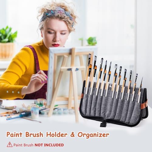 Paint Brush Holder Case for Artists with 22 Slots, Brush Organizer with Pop-Up Stand, Travel Paintbrush Storage Bag for Acrylic Oil Watercolor, Zippered Art Brush Cover (Brushes Not Included)