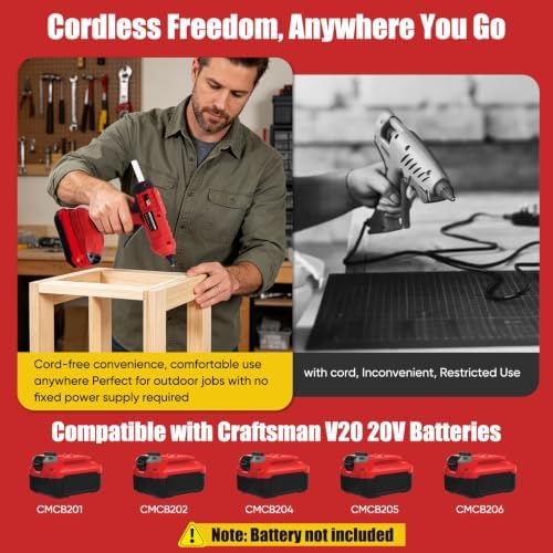 100W Cordless Glue Gun for CRAFTSMAN V20 20V Battery Users – Heats in 60s, Anti-Drip Nozzle, Low Voltage Protection, 20 Glue Sticks | Crafts, Home Repair, Holiday Decor, Floral