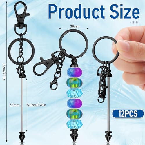 ROADPLUM 12 Pcs Beadable Keychain Bar, Black Beaded Key chain for Pendant DIY, Alloy Blank Accessories Bulk for Keychain Making Supplies Jewelry Making Gift