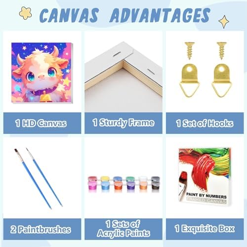 XTCIXAL Paint by Numbers Kit for Kids with Frame, Cow, 8X8 inch