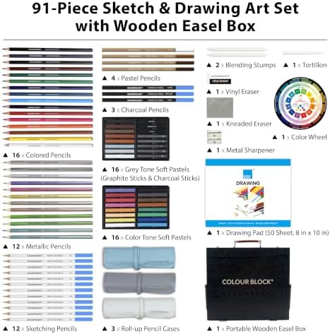 COLOUR BLOCK 91-PC Sketching & Drawing Set in Wooden Easel Case – All-in-One Mixed Media Art Supplies with Colored, Metallic, Charcoal & Pastel Pencils, Soft Pastels, Essential Tools and Drawing Pad