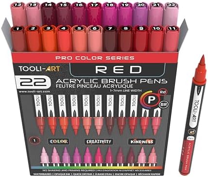 TOOLI-ART 22 Flexible Brush Tip Acrylic Paint Pens Markers Set 1-7mm Line for Rock Painting, Glass, Mugs, Wood, Metal, Canvas, Plastic. Non Toxic Waterbased Quick Drying Assorted Red