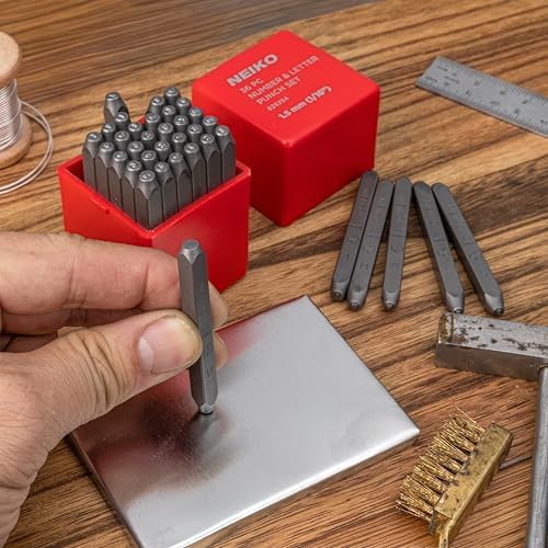 NEIKO 02629A Number and Letter Punch Set with Heat-Treated Steel Punches, Imprinting & Arts and Crafts, 1/16" (1.5MM) Shaft, 36 Pc Stamp Set, Uppercase Letter & Number Punch Set (A-Z / 0-8 / "&")
