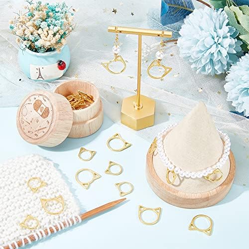 NBEADS 30 Pcs Cat's Head Stitch Marker Rings, Alloy Metallic Stitch Marker Knitting Stitch Counter Stitch Ring Markers with Wooden Storage Box for Knitting Sewing Quilting Jewelry Making