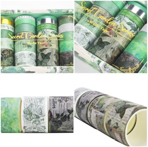 Washi Tape Set, 24 Rolls Vintage Washi Stickers, Assorted Sizes, for Junk Journal Scrapbook Tape, Bullet Journaling Scrapbooking Supplies, Planner Sticker DIY Craft DéCor (Green)