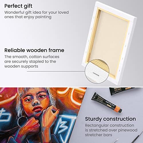 ARTEZA Stretched Canvas, 8 x 10 Inches, Pack of 12, Blank White Canvas for Painting for Acrylic, Oil and Gouache Paints | Cotton-Texture Surface, Wood Bars, White Finish, For Acrylic, Oil, Gouache, Tempera, Dry Brushing and Layered Texture