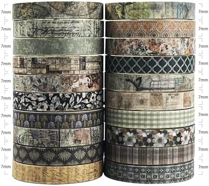 Vintage Skinny Floral Washi Tape Set 20 Rolls -Retro Antique Patterns Masking Thin Basic Decorative Tapes for Arts, DIY Crafts, Bullet Journal, Planner, Scrapbook Decor, Gift Wrapping, Junk Journal