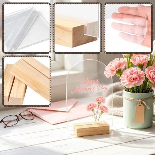 Bercoor 15 Pack 4x6 Inch Blank Clear Arch Acrylic Sign with Wooden Stands, Arched Round Top Acrylic Sheet, DIY Acrylic Arch Table Numbers for DIY Name Card Gifts Event Party Sign Decoration
