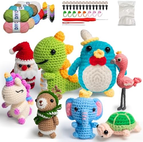YOKISS 8Pcs Beginner Crochet Starter Kit, Creative Birthday Gifts for Adults & Kids, Popular DIY Patterns, 40% Extra Yarn Crochet Animals Kits with Step-by-Step Video Tutorials