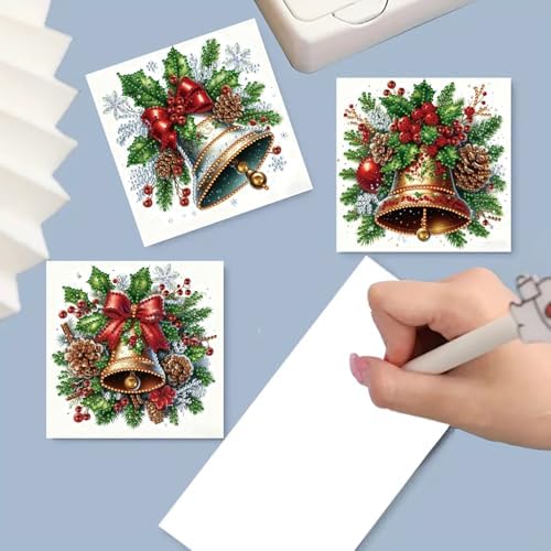 6Pcs Christmas Greeting Card DIY Diamond Art Painting Greeting Cards Blessing Folding Card Kit with White Envelopes Diamond Arts Crafts for Birthday Festival Gift-Bell