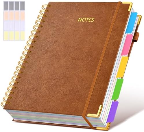 Hardcover Spiral Notebook 8.5"x11" Journal with Removable Dividers Tabs, 300 Pages Leather 5 Subject Notebook College Ruled, Large A4 Notebooks for Work School, Journal for Women, A4 Light Brown