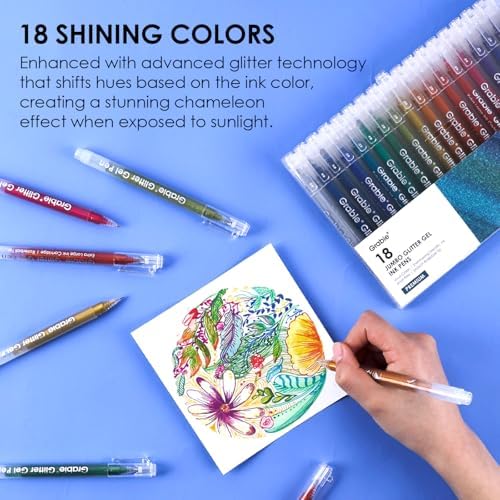 Grabie Set of 18 Color Jumbo Glitter Gel Pens, Metallic Sparkling | Extra Long Writing Life, Rich Glitter Effects, Smooth Ink Flow, Comfortable Grip, Creative Projects, Journaling