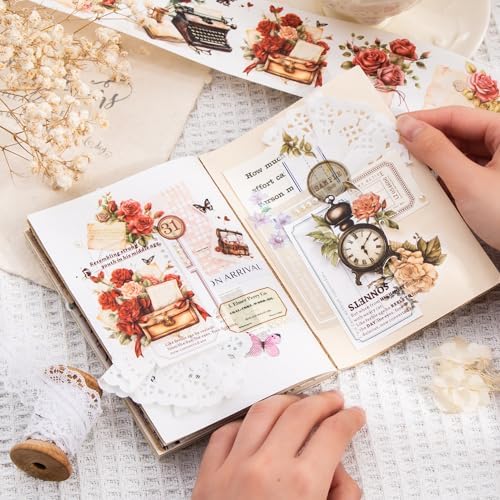 Alideco 6pcs Decorative Adhesive Tapes Vintage Botanical Flowers Washi Tape Great for Bullet Journal Supplies, Arts, Scrapbook, DIY Crafts, Planners(zhuangyuanriji)