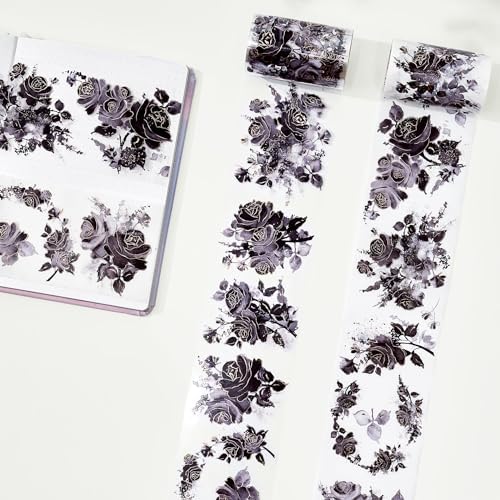 WT Rose Noir Wide PET Tape Gilded,Single Roll,Original Designs,Black Floral Decors,Transparent Clear Adhesive Tape,Gold Foil,Scrapbooks Junk Bujo Journals Planners DIY Crafts Supplies Gifts