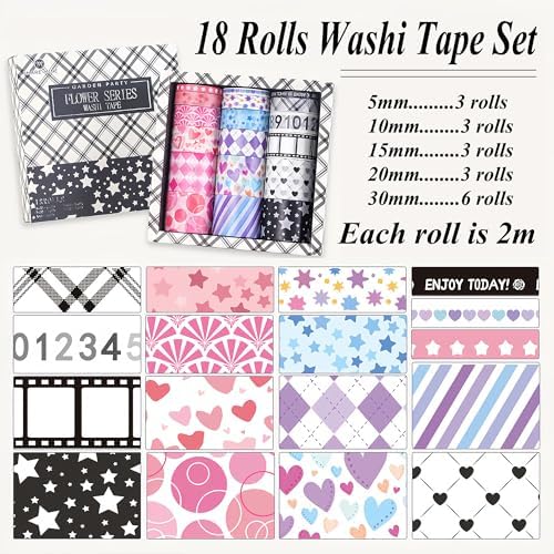 Washi Tape Set, 18 Rolls Washi Stickers, Assorted Sizes, for Junk Journal Scrapbook Tape, Bullet Journaling Scrapbooking Supplies, Planner Sticker DIY Craft DéCor (Pattern)