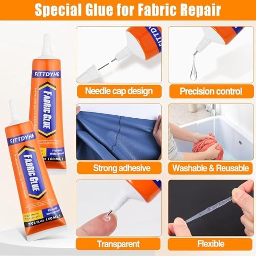2 Pack Fabric Glue Permanent, 60ML/2.02oz Washable Clear Clothing Glue, Super Fabric Adhesive for Rhinestones, Patches, Clothes, Denim, Leather, Polyester, Fabrics, Doll Repair, Flannel, Cotton