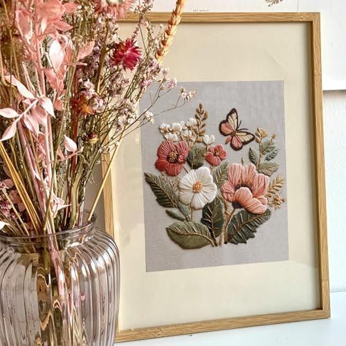 FONNUY Boho Floral Embroidery Kit, Pre-Stamped Butterfly Frolicking in Blooms Patterns Kits for Adults and Beginners, Handmade DIY Crafts Set, Color Thread Needlework, 8'' Hoop (Pink A1)