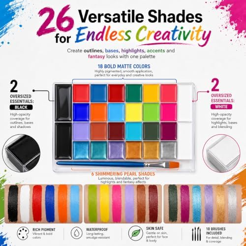 26 Color Face Body Paint Palette, Extra Large Black & White, 11 Brushes