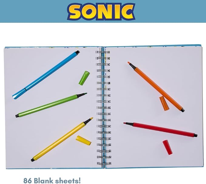 Sonic The Hedgehog Sketchbook for Kids with Washable Markers, 86 Blank Pages Spiral Bound, Sonic and Shadow