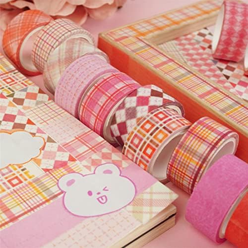 Basic Grid Washi Tape Set 12 Rolls Plaid Decorative Masking Tapes for Arts, DIY Crafts, Journals, Planners, Scrapbook, Wrapping (Pink)