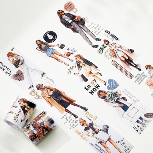 WT Wide PET Tape, Journal Scrapbook Bujo Planner DIY Craft Supplies, Chic Attitude, Fashion Outfit Girls Decorative Tape, Characters, Transparent Clear Adhesive, Single Roll, Original Designs