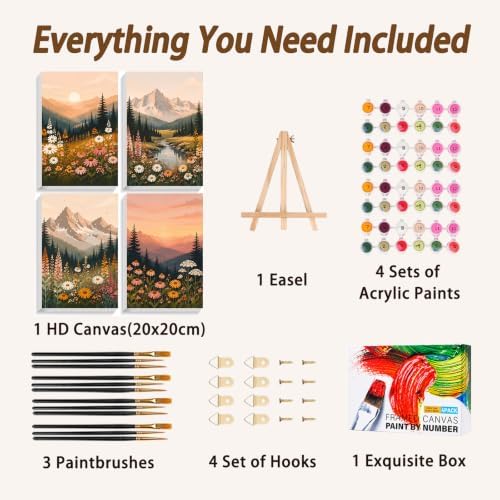 AUKELHJ 4 Pack Framed Paint by Numbers Kit for Adults, Nature, 8x12 inch | Paint by Number for Adults, Beginner Friendly, Framed Canvas, Easel Included, Fun and Relaxing, Gifts Box, Home Wall Decor