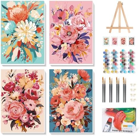 Camocin 4 Pack Framed Paint by Numbers Kit for Adults with Wooden Easel | Floral Bouquet Artwork, Pink Flowers Wall Decor, DIY Canvas Painting Set, Home Wall Decor, Beginner Friendly, 8x12 Inch