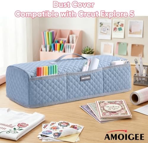 AMOIGEE Dust Cover for Latest Cutting Machine Cricutt Explore 5, Quilted Protective Cover with Storage Pockets for Cutting Machine, Floral Fabric Anti-Dust Cover for Craft Machine Organizer