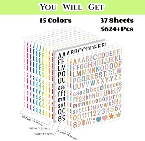 5624 Pcs Small Letter Stickers 37 Sheets Alphabet Stickers,0.5 Inch Vinyl Waterproof Alphabet Number,Labels DIY Crafts Art Making,Windows,Teacher,Classroom,Signs,Notebook(Multicolour)